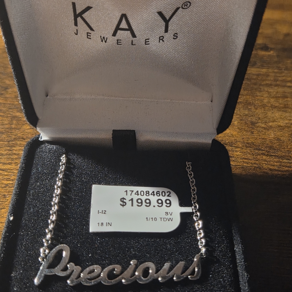 Brand NEW Kay Jewelers Silver 'Precious' Script Necklace